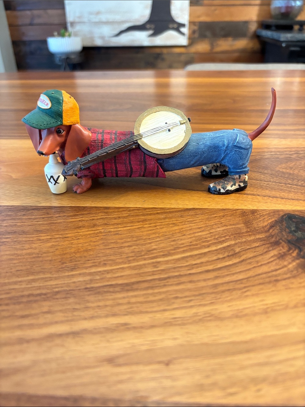 Country Banjo Playing Redneck Plaid Shirt Dachshund Weiner Dog Doxie Figurine 7”